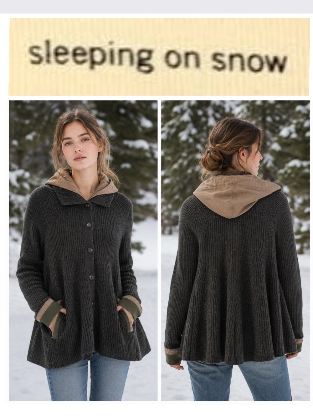 Sleeping on Snow wool/cotton babydoll hooded sweater, pockets, green, size S